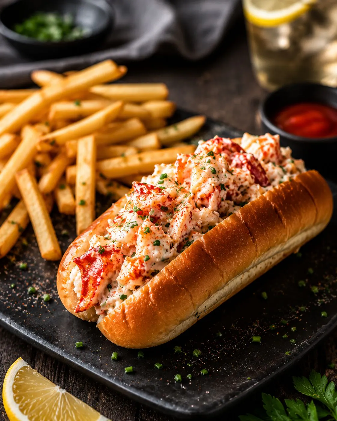Lobster roll sandwich with fries and lemon garnish at Nami Sushi Ramen, a Japanese Restaurant in Los Angeles