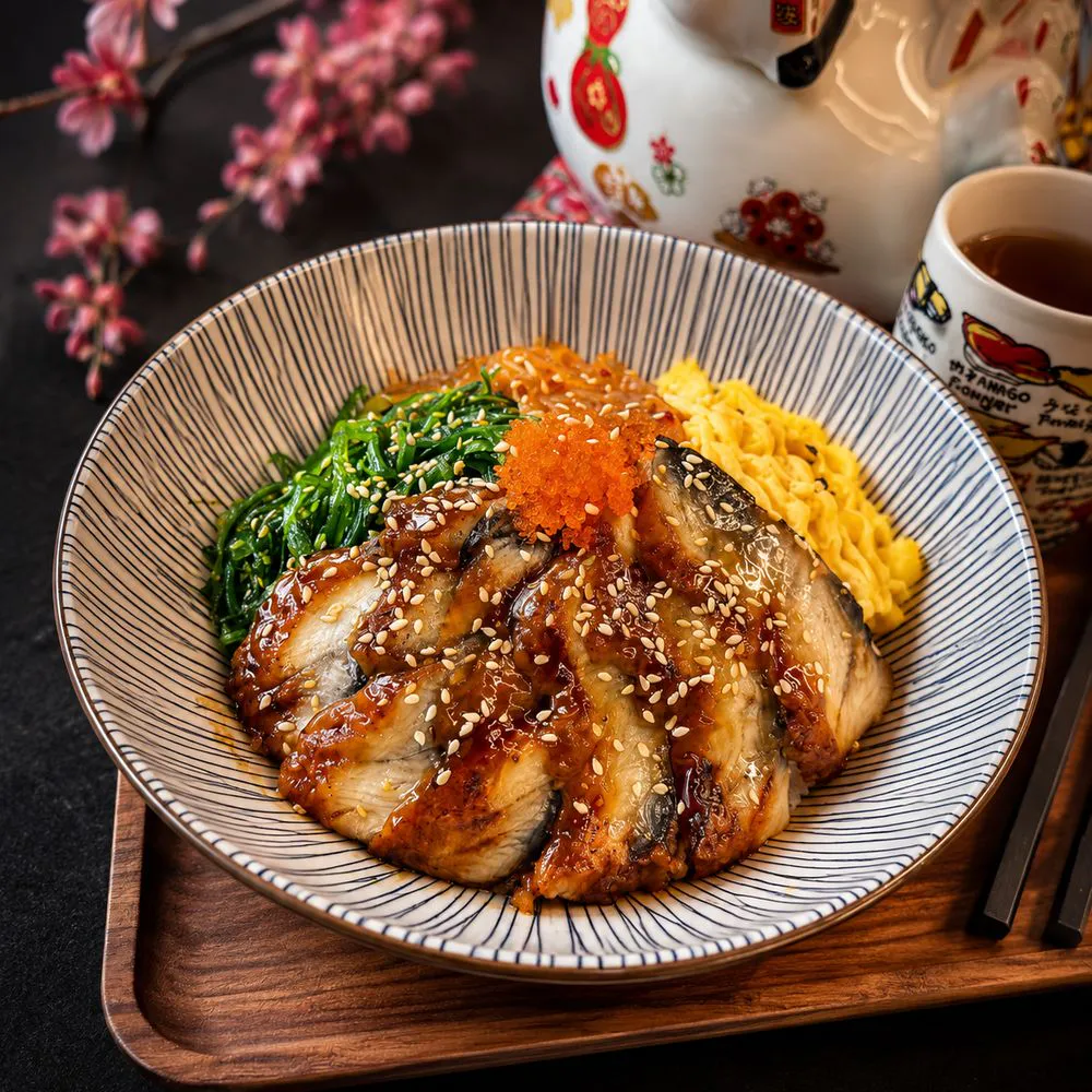 Unagi donburi with grilled eel, seaweed and sesame seeds at Nami Sushi Ramen, a Japanese Restaurant in Los Angeles