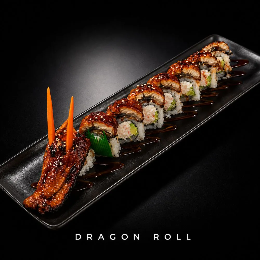 Dragon roll sushi with grilled eel and teriyaki sauce at Nami Sushi Ramen, a Japanese Restaurant in Los Angeles